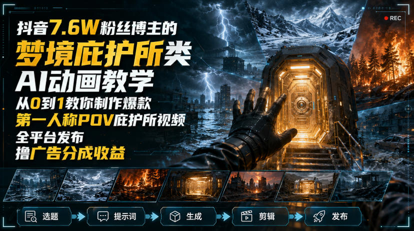 抖音7.6W粉丝博主的梦境庇护所类AI动画教学,从0到1教你制作爆款第一人称POV庇护所视频,全平台发布撸广告分成收益-墨痕微课