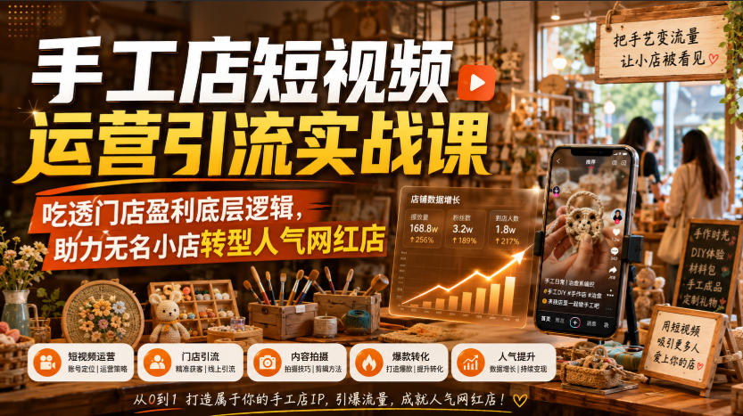 手工店短视频运营引流实战课，吃透门店盈利底层逻辑，助力无名小店转型人气网红店-墨痕微课