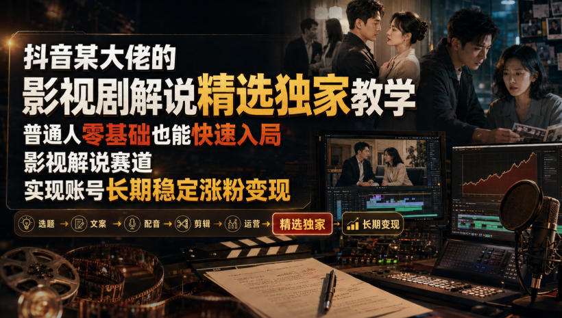 抖音某大佬的影视剧解说精选独家教学,普通人零基础也能快速入局影视解说赛道,实现账号长期稳定变现-墨痕微课