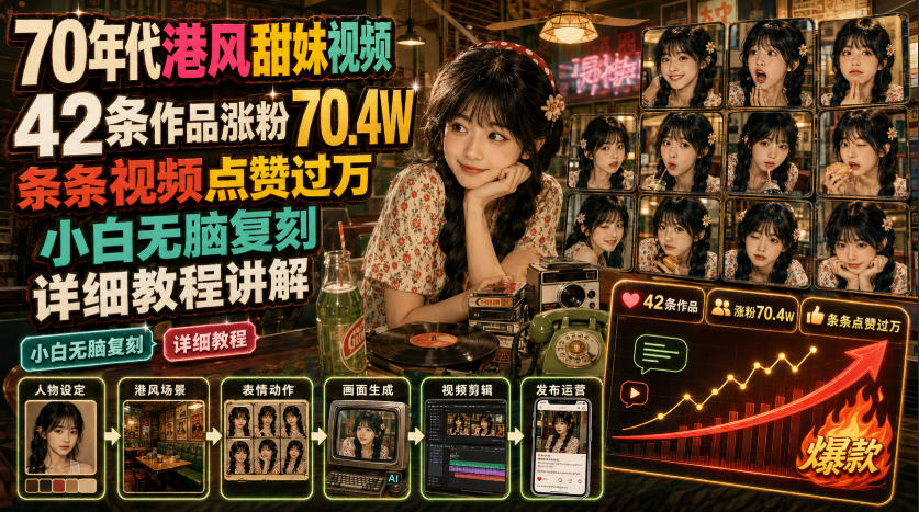70年代港风甜妹视频，42条作品涨粉70.4W，条条视频点赞过万，小白无脑复刻，详细教程讲解-墨痕微课