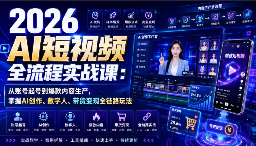 2026 AI短视频全流程实战课：从账号起号到爆款内容生产，掌握AI创作、数字人、带货变现全链路玩法-墨痕微课