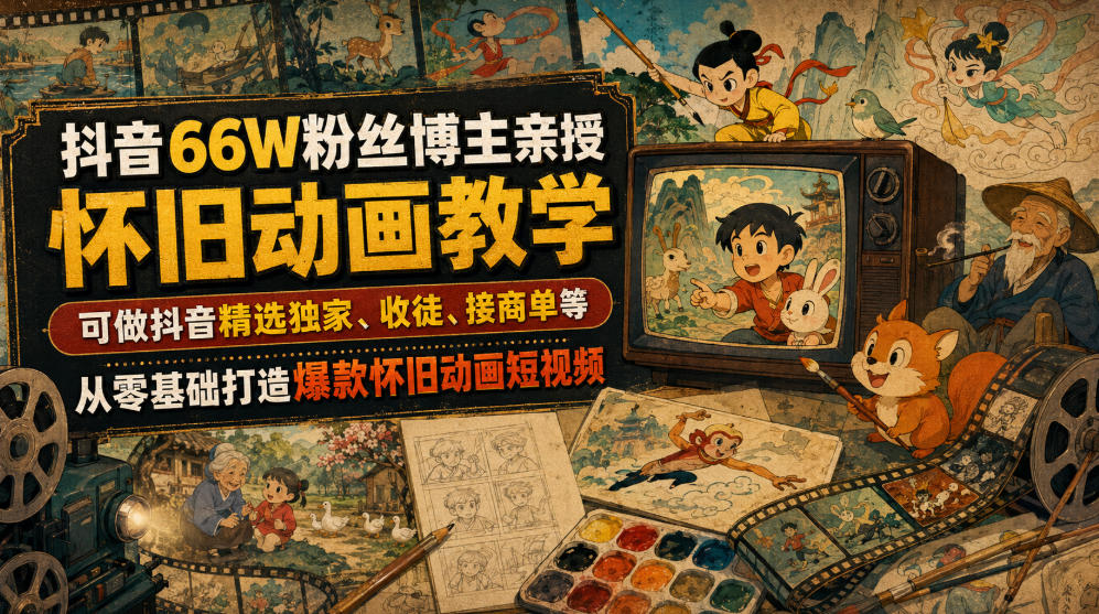 抖音66W粉丝博主亲授怀旧动画教学,可做抖音精选独家、收徒、接商单等,从零基础打造爆款怀旧动画短视频-墨痕微课