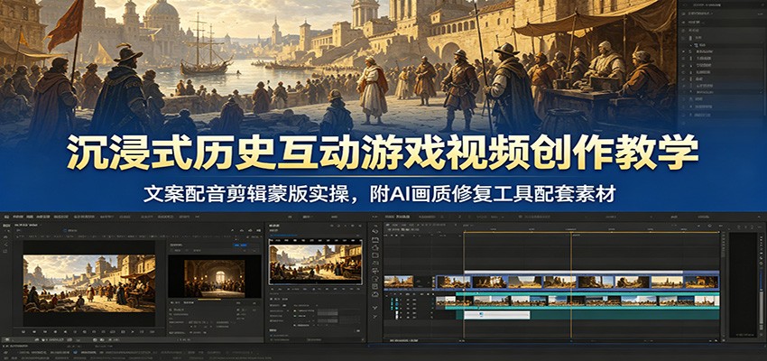 沉浸式历史互动游戏视频创作教学：文案配音剪辑蒙版实操，附AI画质修复工具配套素材-墨痕微课