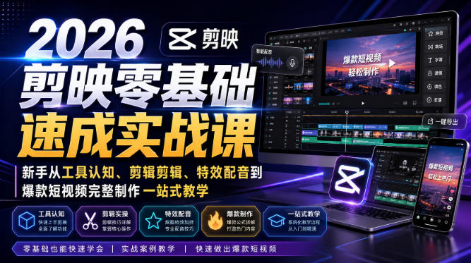 2026剪映零基础速成实战课|新手从工具认知、剪辑剪辑、特效配音到爆款短视频完整制作一站式教学-墨痕微课