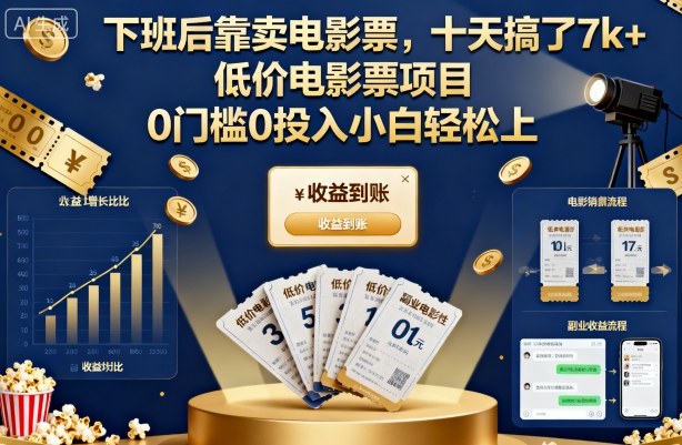 下班后靠卖电影票,十天搞了7k+,低价电影票项目,0门槛0投入小白轻松上手【揭秘】-墨痕微课
