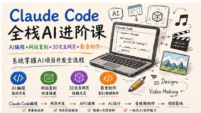 Claude Code全栈AI进阶课；AI编程+网站复刻+3D交互网页+影音创作，系统掌握AI项目开发全流程-墨痕微课