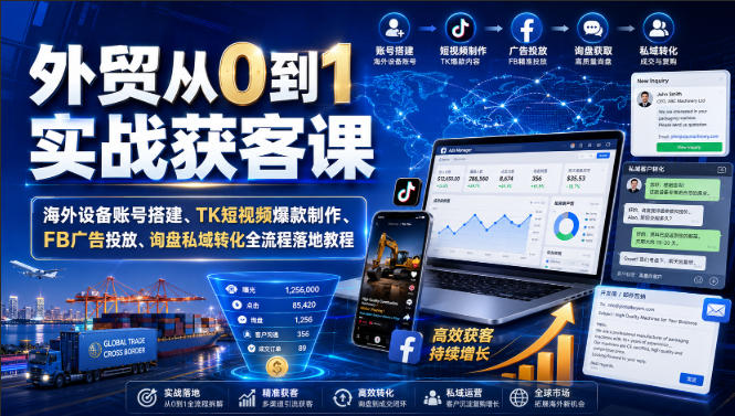 外贸从0到1实战获客课|海外设备账号搭建、TK短视频爆款制作、FB广告投放、询盘私域转化全流程落地教程-墨痕微课