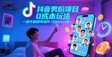 抖音男粉项目0成本玩法，一部手机即可操作，日均4张+，时间自由-墨痕微课