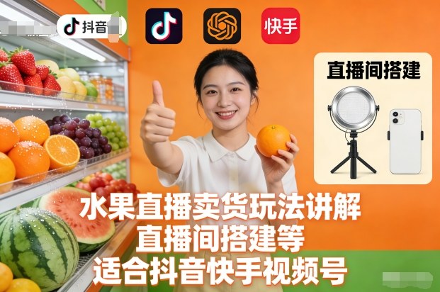 水果直播卖货玩法讲解、直播间搭建等,适合抖音快手视频号-墨痕微课