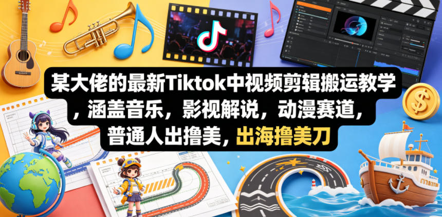 某大佬的最新Tiktok中视频剪辑搬运教学，涵盖音乐，影视解说，动漫赛道，普通人出海撸美刀-墨痕微课