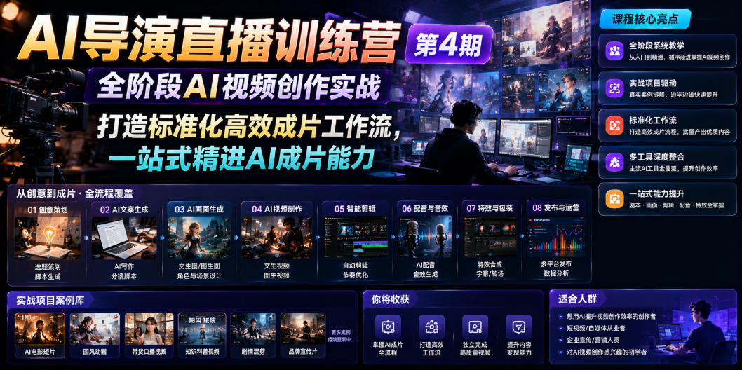 AI导演直播训练营第4期|全阶段AI视频创作实战,打造标准化高效成片工作流,一站式精进AI成片能力-墨痕微课