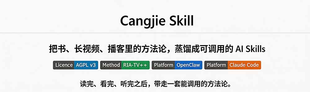 图片[1]-全网走红！GitHub上6.7K Star的开源项目，把任何书、长视频、播客蒸馏成AI工具，值得收藏 cangjie-skill-墨痕微课