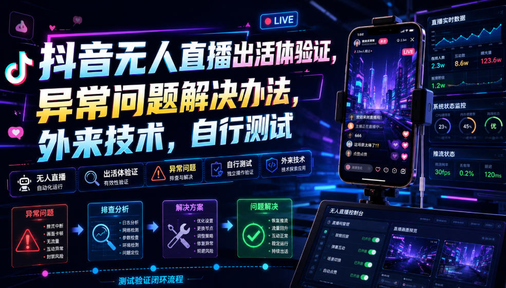 抖音无人直播出活体验证，异常问题解决办法，外来技术，自行测试-墨痕微课