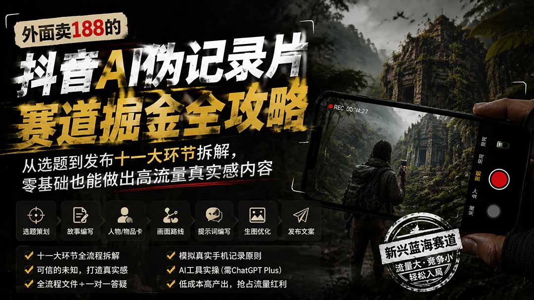 外面卖188的抖音AI伪记录片赛道掘金全攻略;从选题到发布十一大环节拆解,零基础也能做出高流量真实感内容-墨痕微课