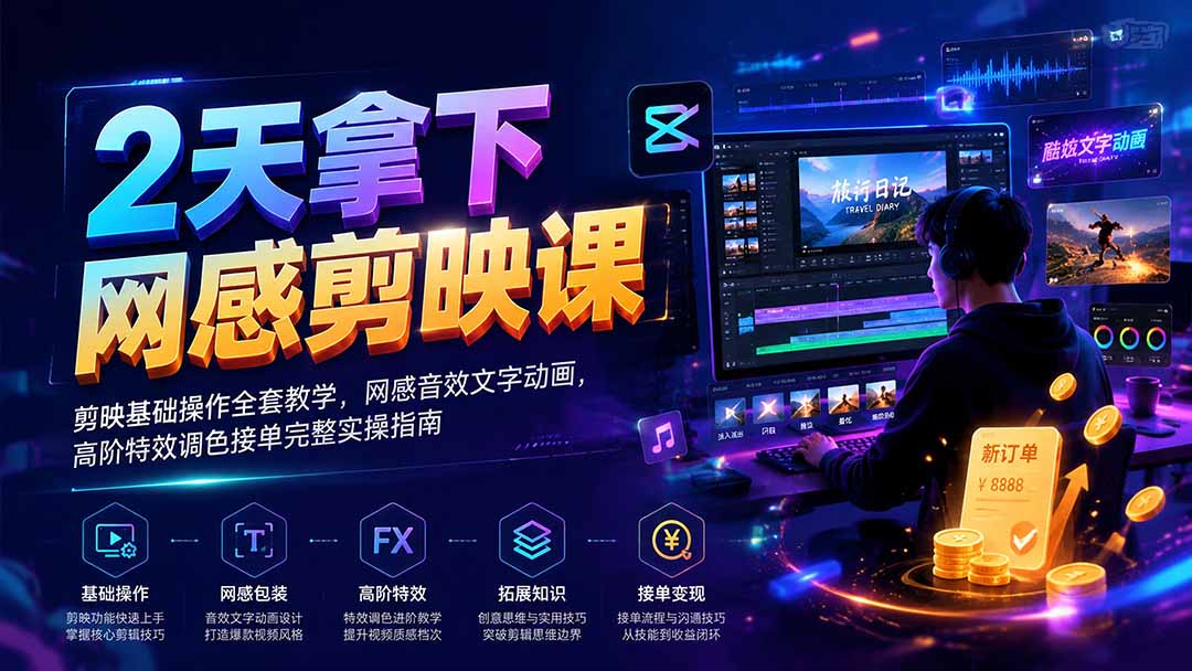 2天拿下网感剪辑课｜剪映基础操作全套教学，网感音效文字动画，高阶特效调色接单完整实操指南-墨痕微课