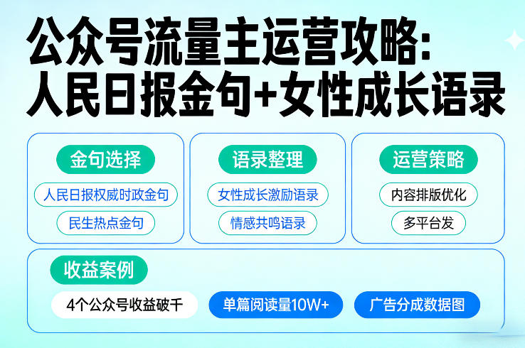 利用人民日报金句+女性成长语录做公众号流量主，4个公众号收益破千-墨痕微课