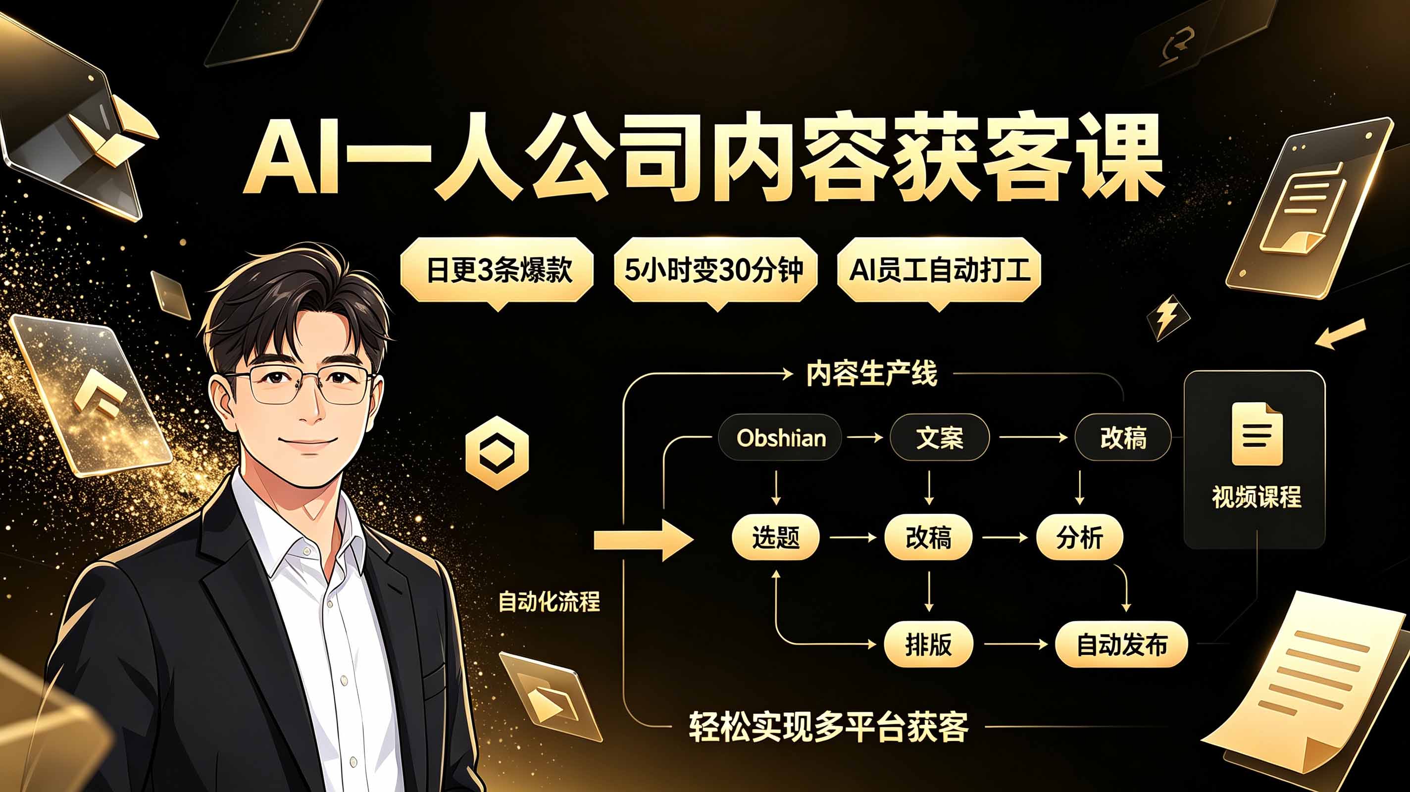 AI一人公司内容获客课：日更3条爆款×5小时变30分钟×AI员工自动打工，轻松实现多平台获客-墨痕微课