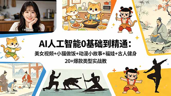 AI人工智能0基础到精通：美女视频+小猫做饭+动漫小故事+福娃+古人健身，20+爆款类型实战教学-墨痕微课