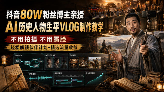 抖音80W粉丝博主的AI历史人物生平VLOG教学，不用拍摄不用露脸，AI帮你搞定，轻松解锁伙伴计划+精选收益-墨痕微课