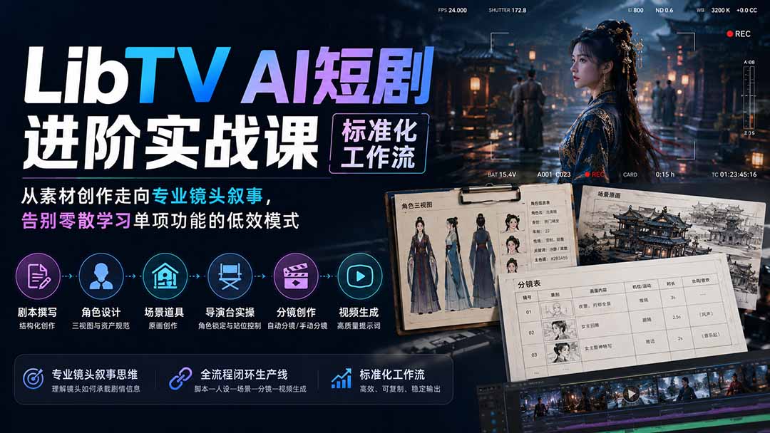 LibTV AI短剧进阶实操课标准化工作流;从素材创作走向专业镜头叙事,告别零散学习单项功能的低效模式-墨痕微课