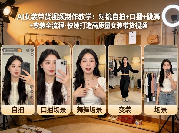 AI女装带货视频制作教学，对镜自拍、口播、跳舞、变装全流程，快速打造高质量女装带货视频-墨痕微课