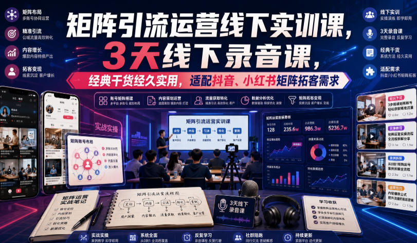 嗨推矩阵引流运营线下实训课,3天线下录音课,经典干货经久实用,适配抖音、小红书矩阵拓客需求-墨痕微课