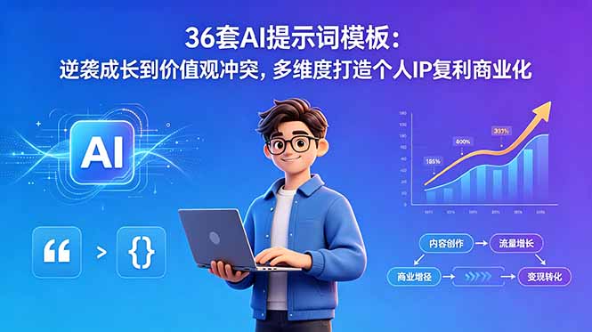 36套AI提示词模板:逆袭成长到价值观冲突,多维度打造个人IP复利商业化-墨痕微课