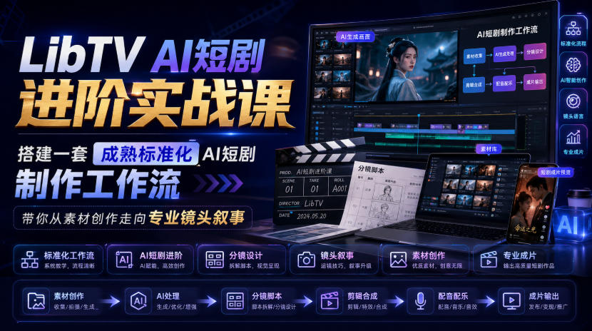 LibTV AI短剧进阶实战课,搭建一套成熟标准化AI短剧制作工作流,带你从素材创作走向专业镜头叙事-墨痕微课