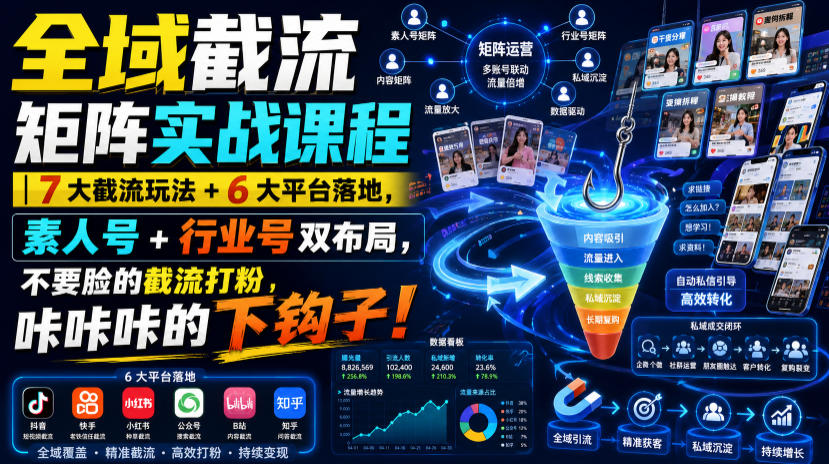 全域截流矩阵实战课程｜7大截流玩法+6大平台落地，素人号+行业号双布局，不要脸的截流打粉，咔咔咔的下钩子！-墨痕微课