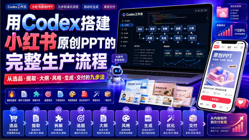用Codex搭建小红书原创PPT的完整生产流程,从选品·提取·大纲·风格·生成·交付的九步法-墨痕微课