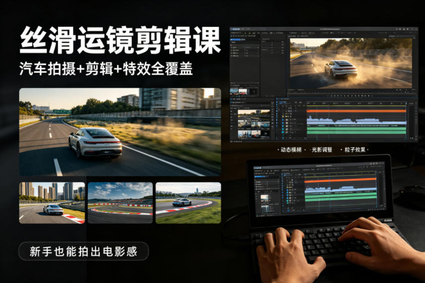 大叔丝滑运镜剪辑课,汽车拍摄+剪辑+特效全覆盖,新手也能拍出电影感-墨痕微课