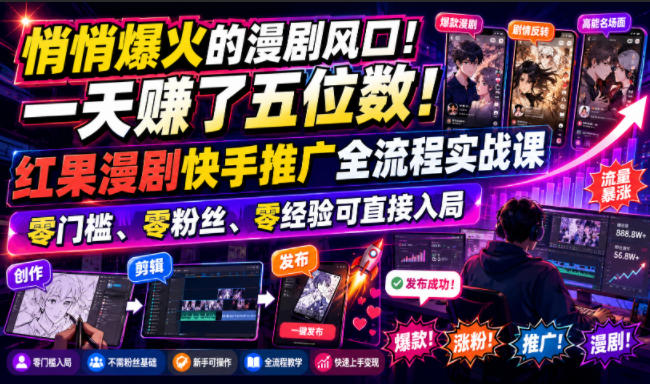 悄悄爆火的漫剧风口！一天賺了五位数！红果漫剧快手推广全流程实战课，零门槛、零粉丝、零经验可直接入局-墨痕微课