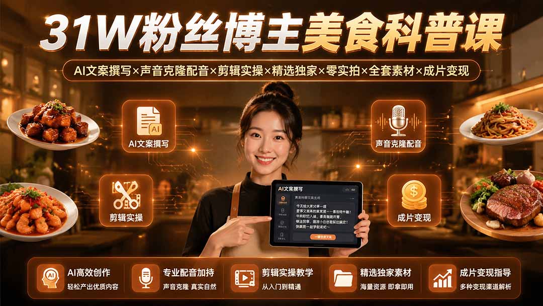 31W粉丝博主美食科普课：AI文案撰写×声音克隆配音×剪辑实操×精选独家×零实拍×全套素材×成片变现-墨痕微课