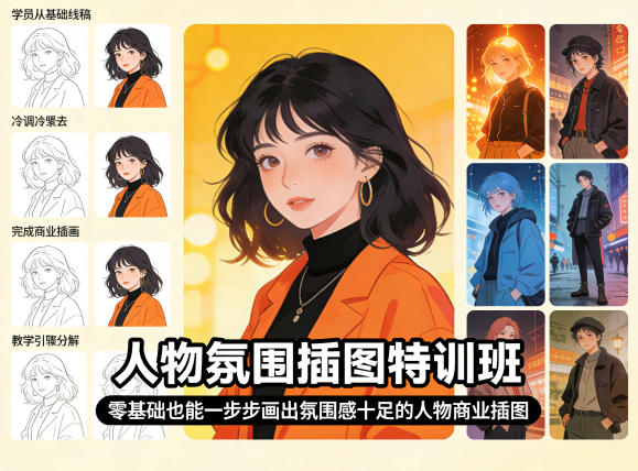 人物氛围插图特训班，零基础也能一步步画出氛围感十足的人物商业插图-墨痕微课