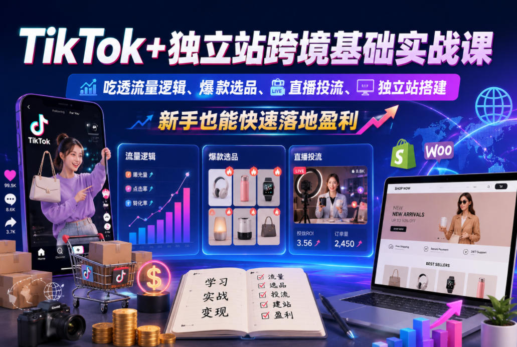TikTok+独立站跨境基础实战课，吃透流量逻辑、爆款选品、直播投流与独立站搭建，新手也能快速落地盈利-墨痕微课