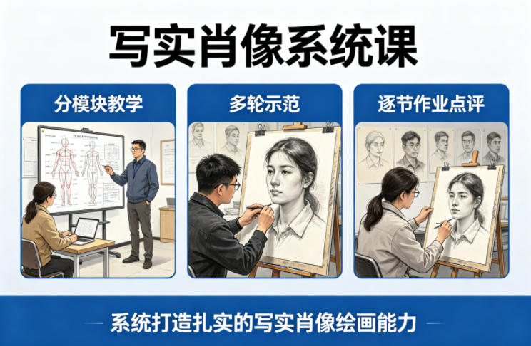 写实肖像系统课，全程分模块教学+多轮示范+逐节作业点评，系统打造扎实的写实肖像绘画能力-墨痕微课