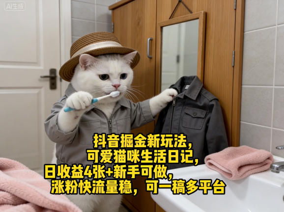抖音掘金新玩法，可爱猫咪生活日记，日收益4张+新手可做，涨粉快流量稳，可一稿多平台-墨痕微课