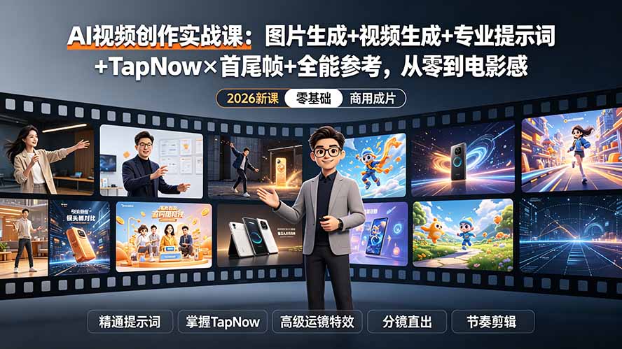 AI视频创作实战课：图片生成+视频生成+专业提示词+TapNow×首尾帧+全能参考，从零到电影感成片-墨痕微课
