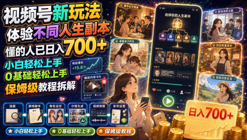 视频号新玩法体验不同人生副本，懂的人已日入700+，小白轻松上手，0基础轻松上手，保姆级教程拆解-墨痕微课