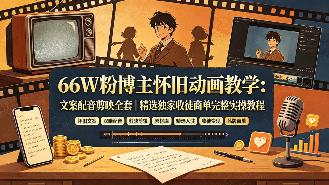 66W粉博主怀旧动画教学:文案配音剪映全套|精选独家收徒商单完整实操教程-墨痕微课