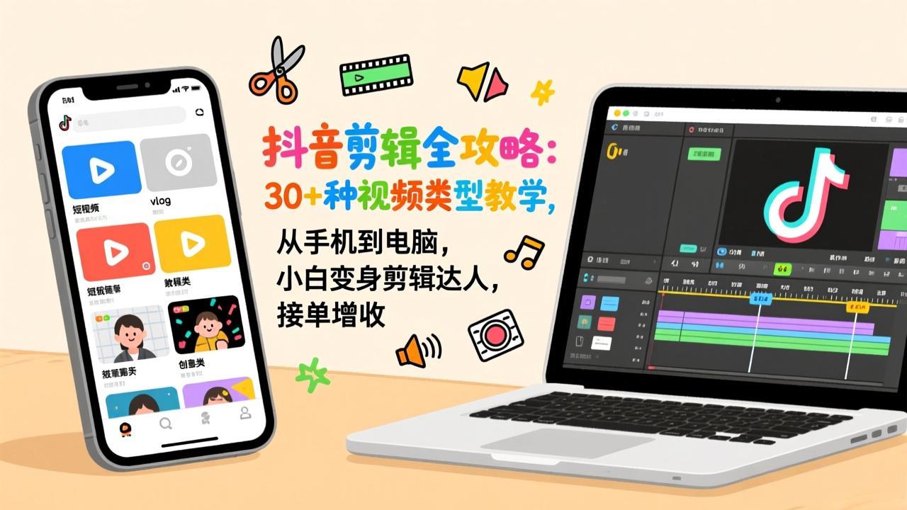 抖音剪辑全攻略:30+种视频类型教学,从手机到电脑,小白变身剪辑达人,接单增收-墨痕微课