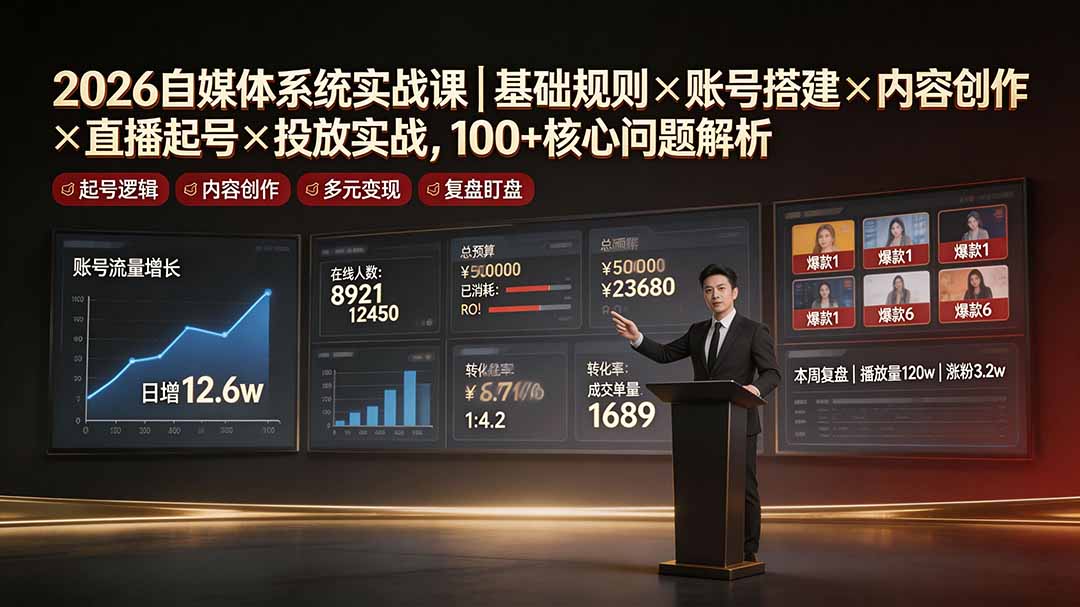 2026自媒体系统实战课|基础规则×账号搭建×内容创作×直播起号×投放实战,100+核心问题解析-墨痕微课