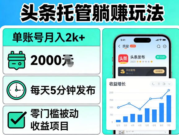 头条托管躺賺玩法，单账号月入2k+，每天5分钟发布即可，零门槛被动收益项目【揭秘】-墨痕微课