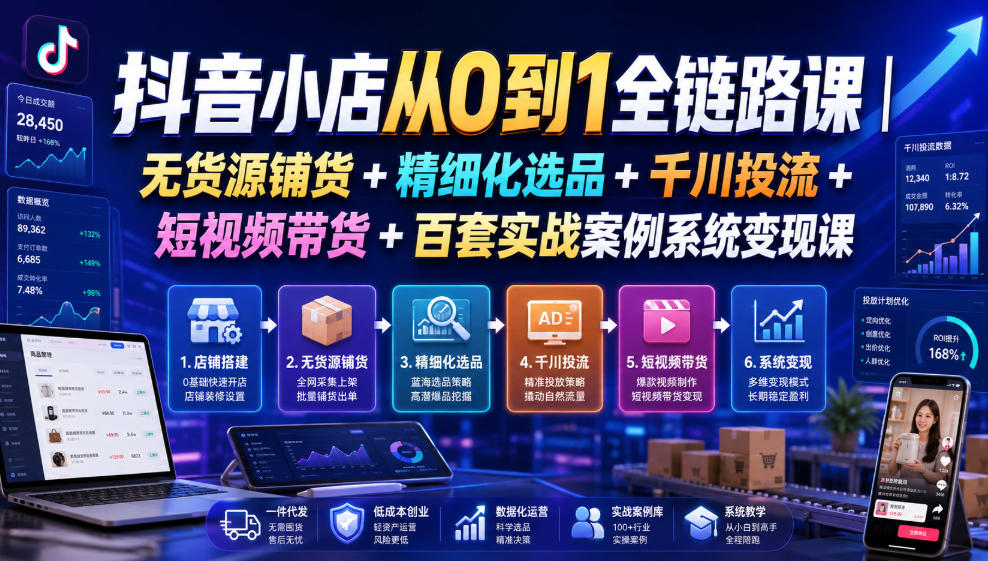 抖音小店从0到1全链路课|无货源铺货+精细化选品+千川投流+短视频带货+百套实战案例系统变现课(2026年7月更新)-墨痕微课