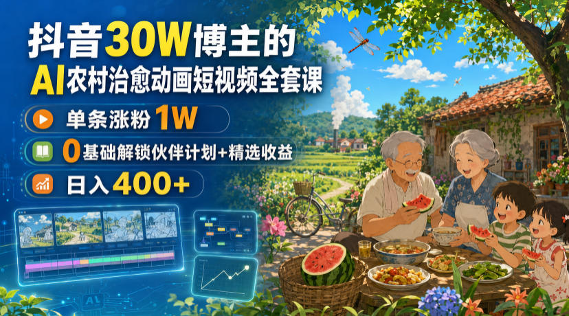 抖音30W博主的AI农村治愈动画短视频全套课｜单条涨粉1W，0基础解锁伙伴计划+精选收益，日入400+-墨痕微课