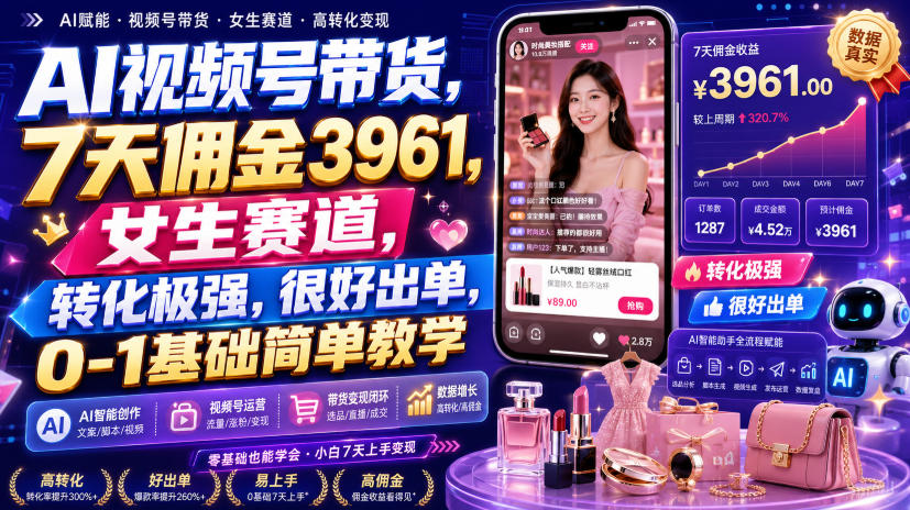 AI视频号带货,7天佣金3961,女生赛道,转化极强,很好出单,0-1基础简单教学-墨痕微课