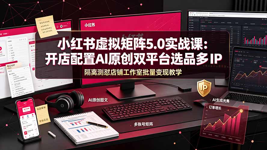 小红书虚拟矩阵5.0实战课:开店配置|AI原创|双平台选品|多IP隔离|测怼店铺工作室批量变现实操教学-墨痕微课