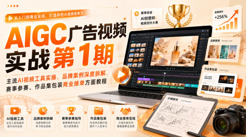 AIGC广告视频实战第1期，主流AI视频工具实操、品牌案例深度拆解、赛事参赛、作品集包装商业接单方面教程-墨痕微课