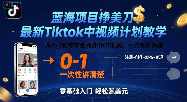 蓝海项目挣美刀,最新Tiktok中视频计划教学,从0-1教你学会海外TK中视频,一次性讲清楚-墨痕微课