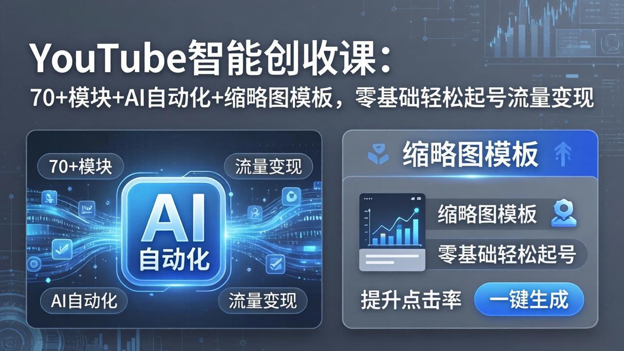 YouTube智能创收课：70+模块+AI自动化+缩略图模板，零基础轻松起号流量变现-墨痕微课